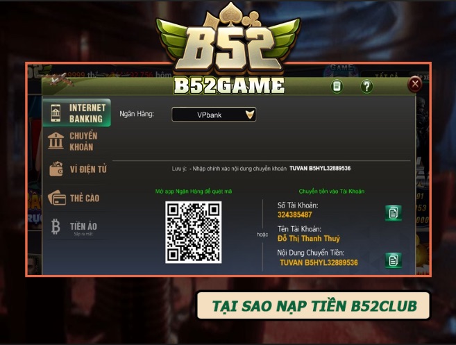 Đa dạng hình thức nạp tiền vào tài khoản B52club
