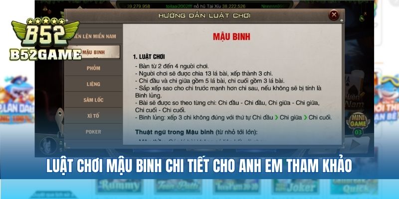 Luật chơi mậu binh chi tiết cho anh em tham khảo