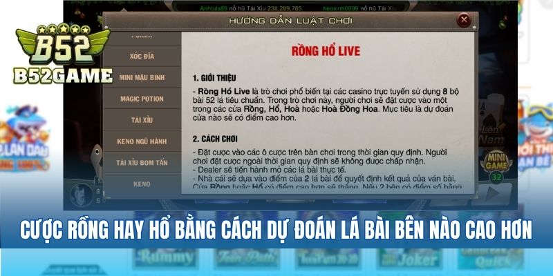 Cược rồng hay hổ bằng cách dự đoán lá bài bên nào cao hơn