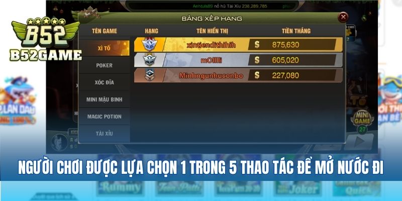 Người chơi được lựa chọn 1 trong 5 thao tác để mở nước đi